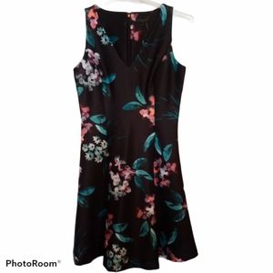 Donna Karan Floral Dress Black/Turquoise/Pink  NWT/NEW  sz 8  A-line/flare hem